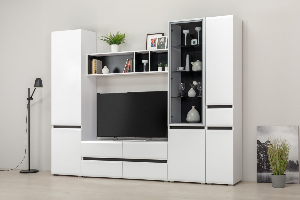 Шкафы распашные, Шкаф-витрина Сидней 13.201, белый премиум, черный, белый глянец