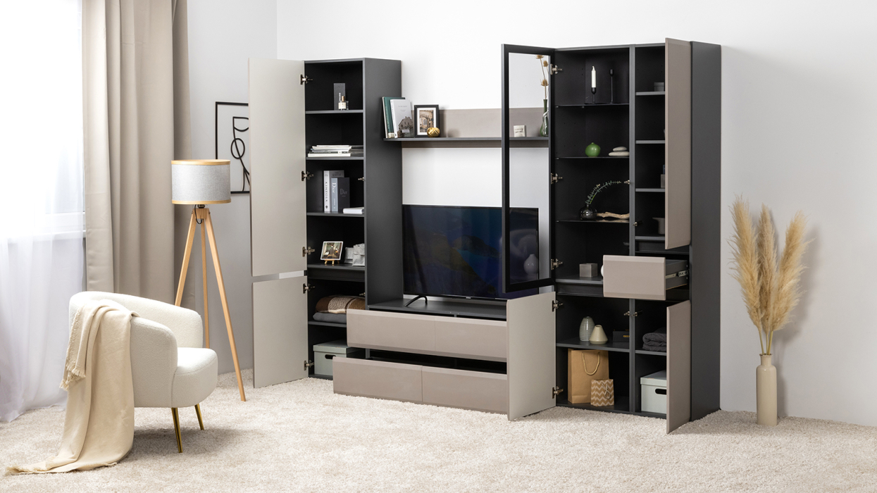 Шкафы распашные, Шкаф с ящиком Сидней 13.202, антрацит, веллюто капучино