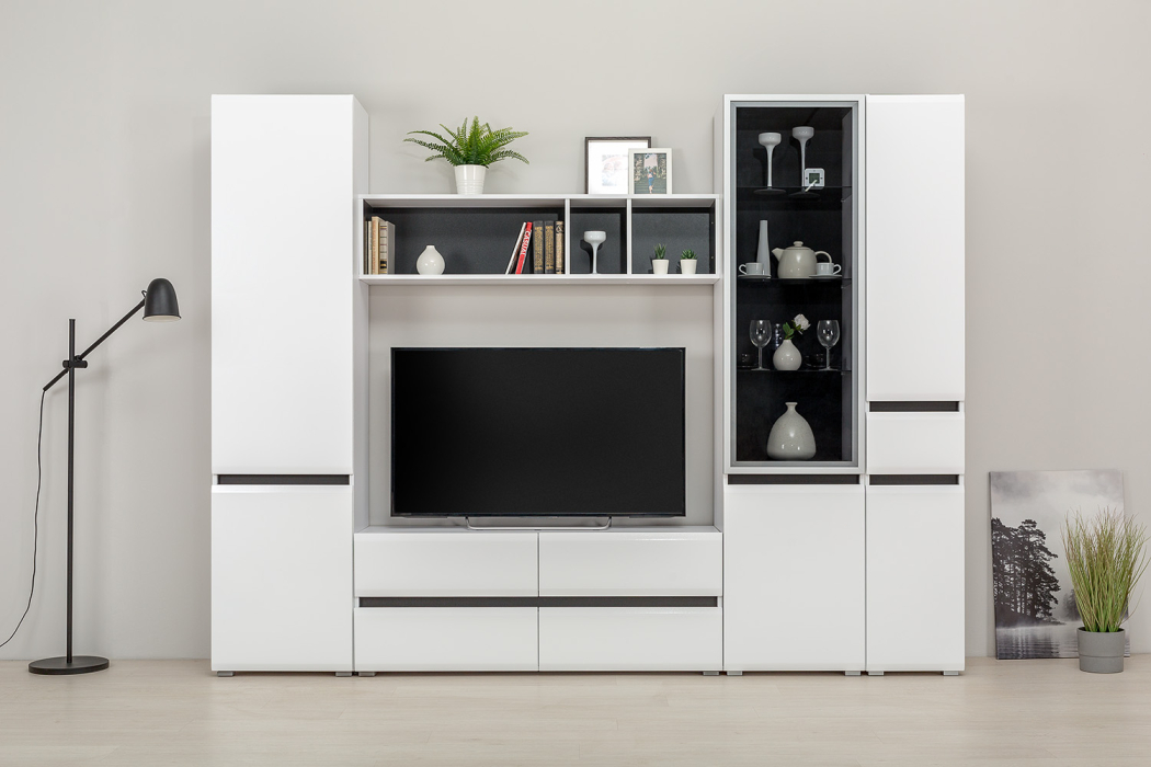 Шкафы распашные, Шкаф-витрина Сидней 13.201, белый премиум, черный, белый глянец