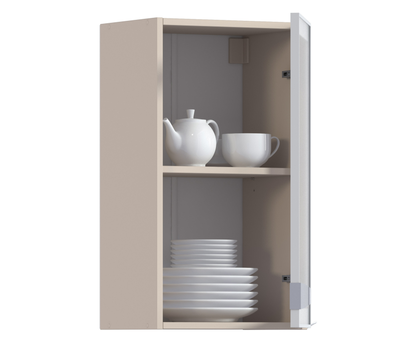 Навесные, Регина РП-40 Полка Песочный/Витрина алюминий Белый глянец/стекло Сатин