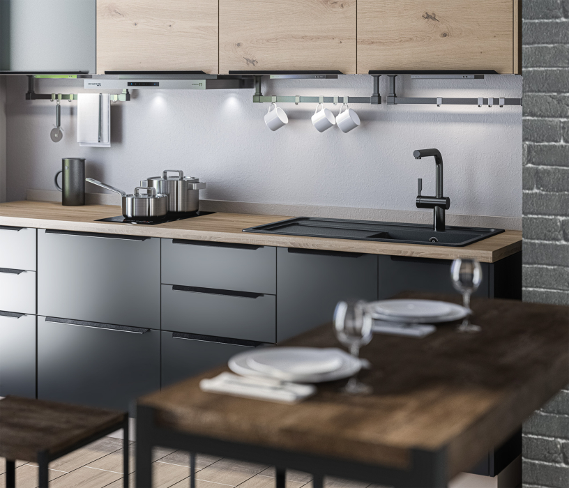 Кухни, Кухонный гарнитур ЛОФТ Регина Песочный/Диамант серый, Дуб дикий 2,4 м