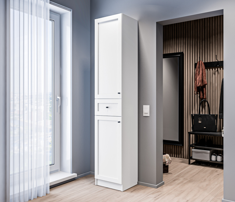 Прямые, Стеллаж Твин СБ-3372 Белый с глухим фасадом и ящиком