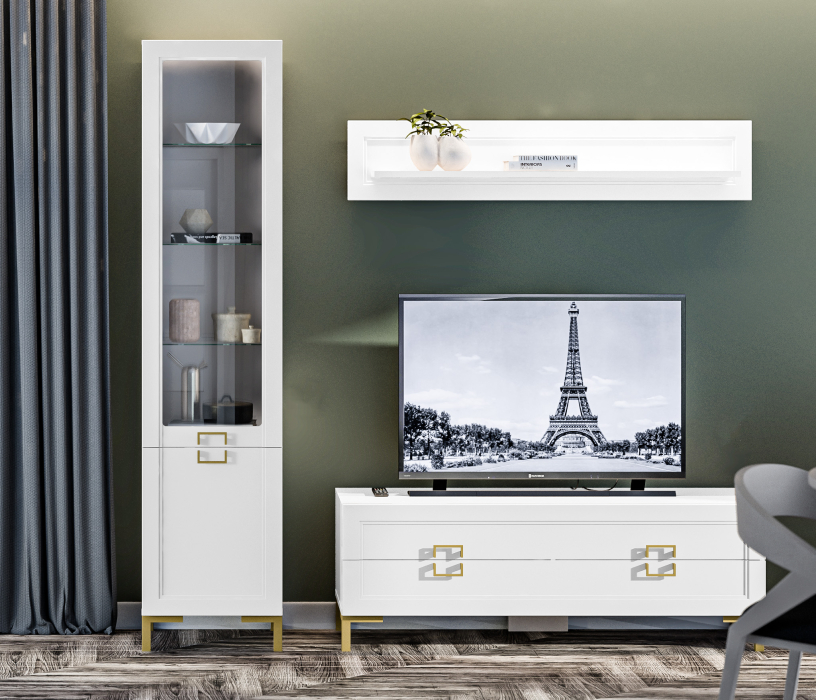 Стенки для гостиной, Комплект для гостиной с витриной Ассоль, Белый